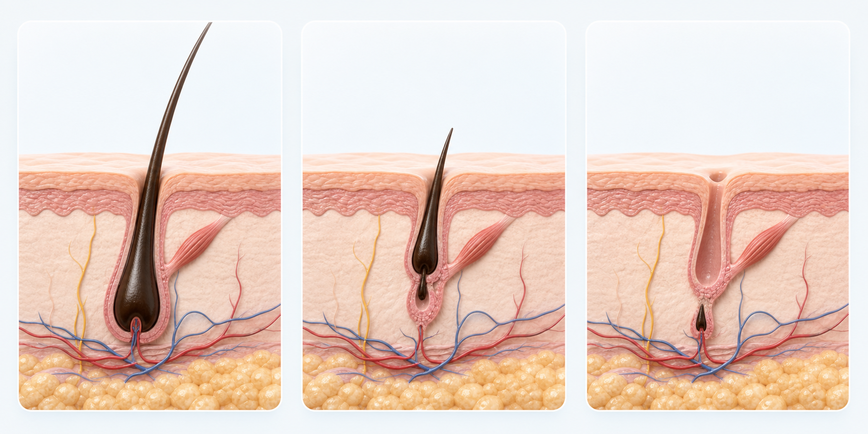Three hair-growth phases: active, transitional and resting