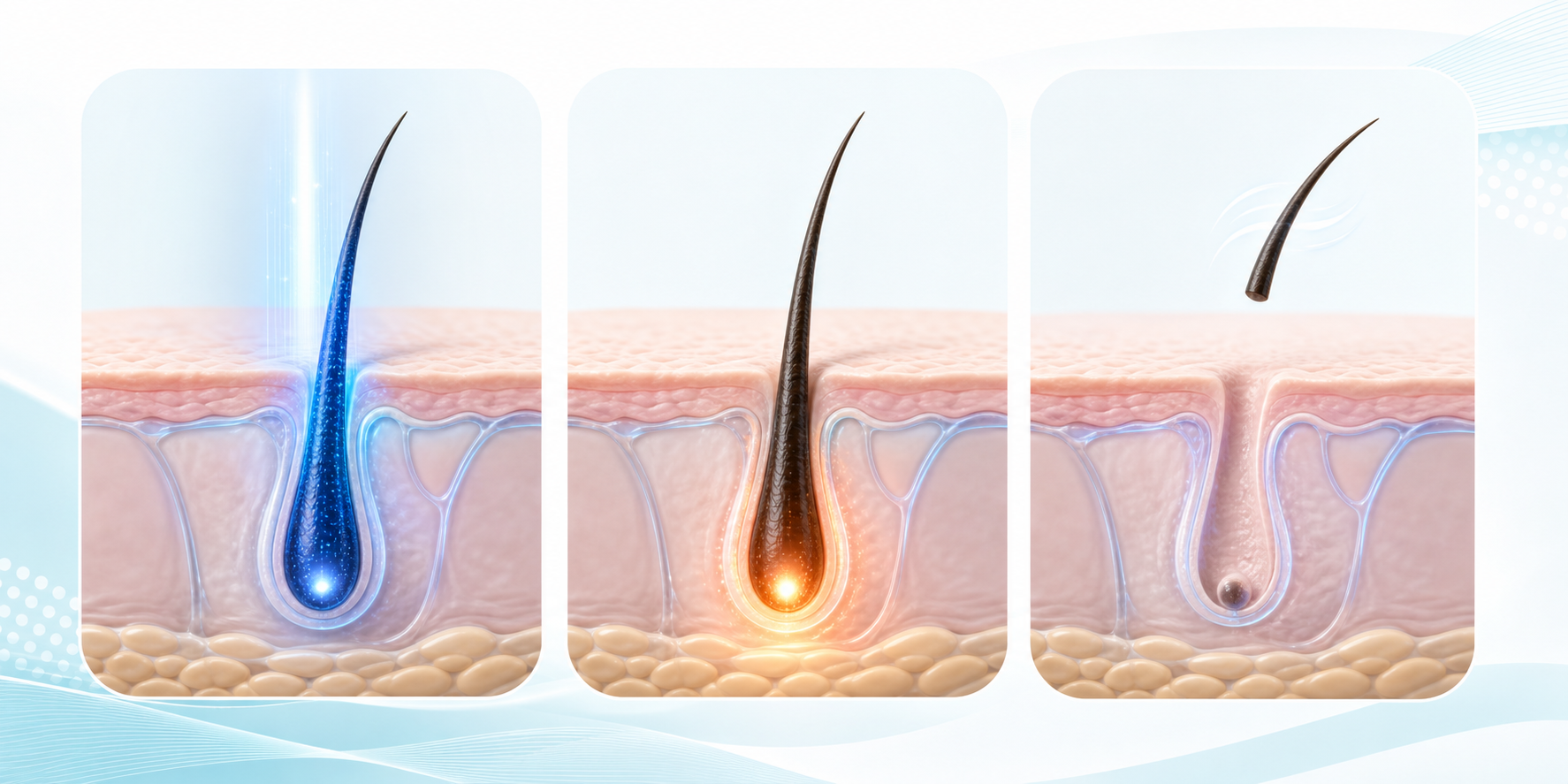 Three stages of laser action on pigmented hair