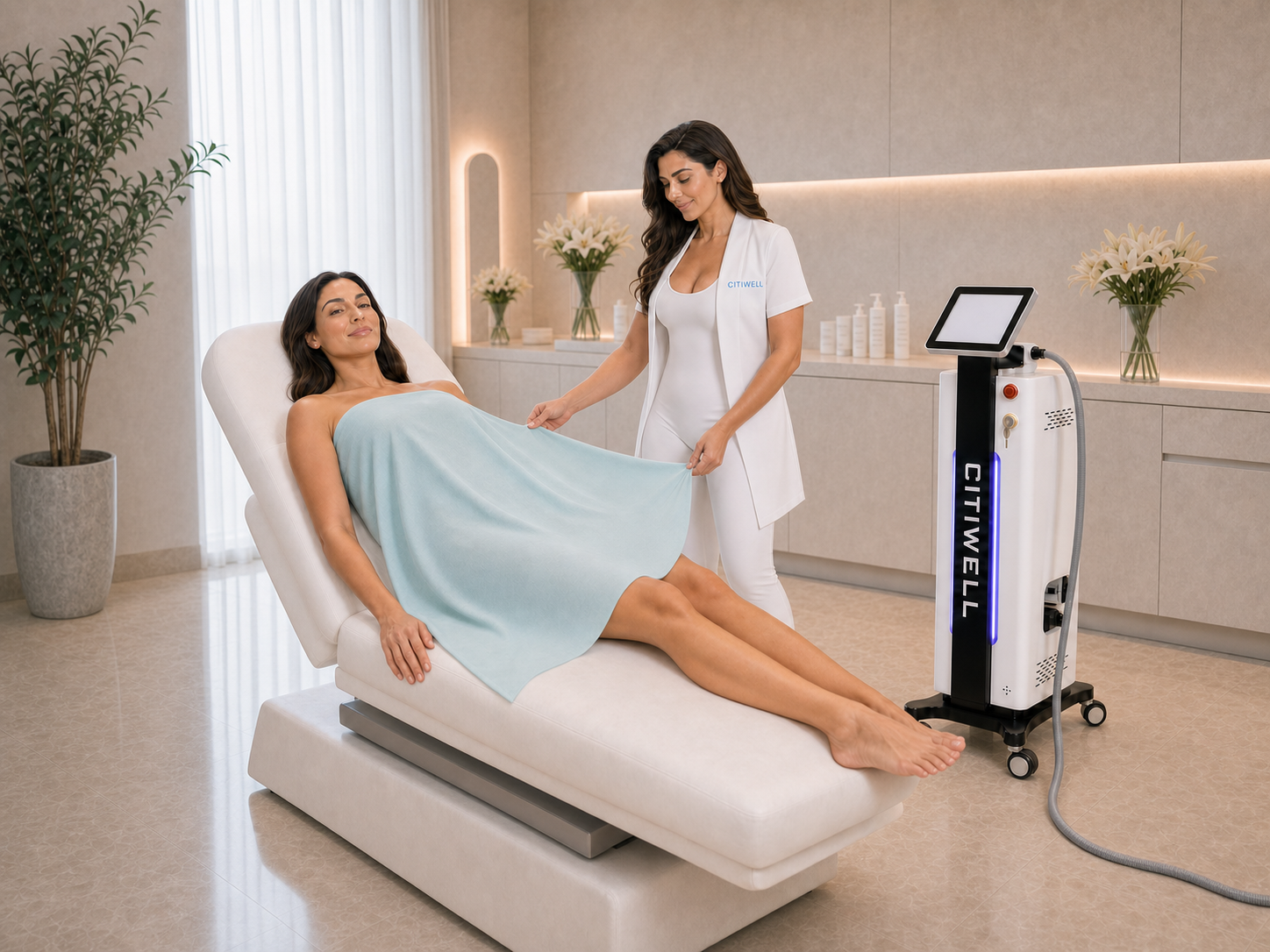 Citiwell specialist carefully covers a client before laser hair removal